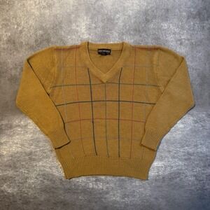 Vintage Jean Michaud Mens V-Neck Sweater M Mustard Yellow Plaid Acrylic 80s